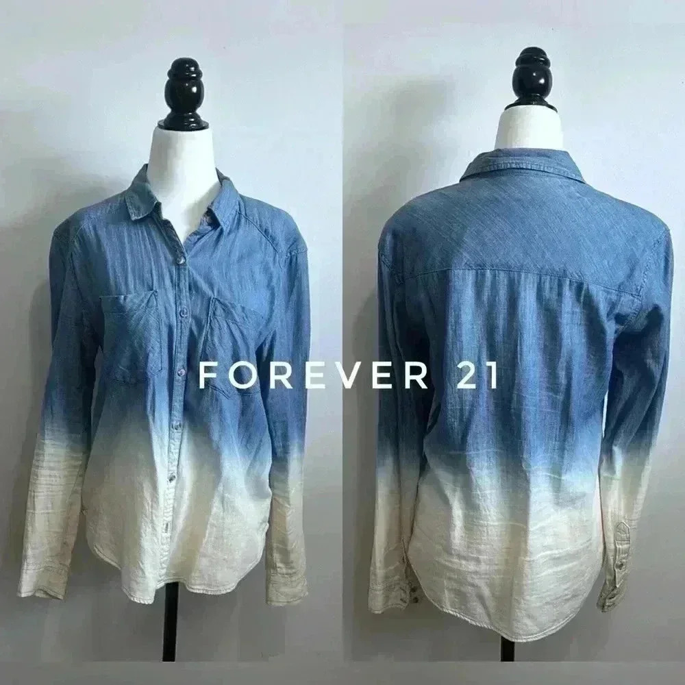 Forever 21 Ombre Denim Chambray Long Sleeve Shirt size S